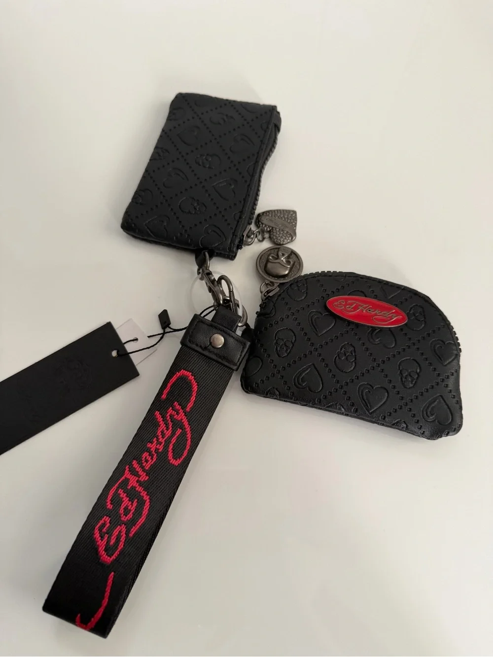 Ed Hardy Black Faux Leather Detachable Wristlet Keychain Pouch Hearts Skulls